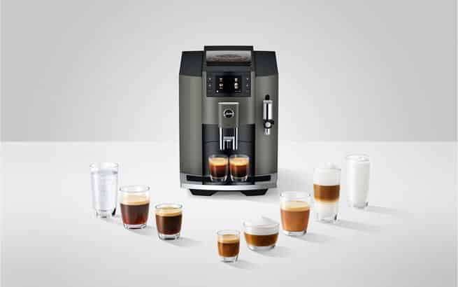 JURA E8 Dark Inox preparing espresso and milk specialities