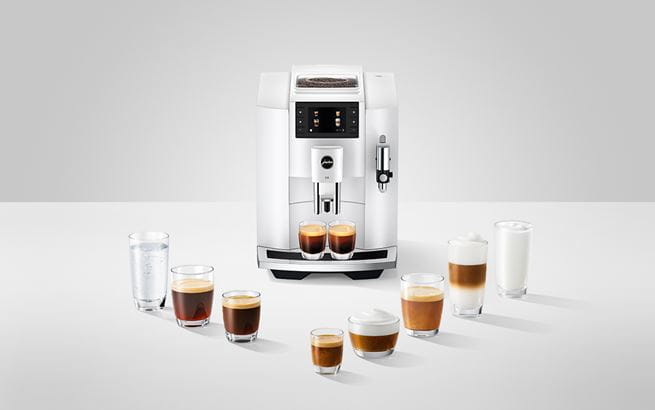 JURA E8 Piano White preparing espresso and milk-based specialities